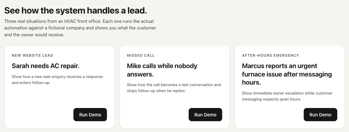 The demo start screen: three situations to run — a new website lead, a missed call, and an after-hours emergency — each with a Run Demo button.
