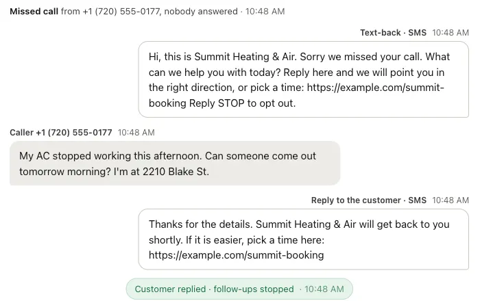 From the included demo: a missed call is answered by an automatic text, the customer replies asking for a visit tomorrow morning, a second text confirms, and the system marks that follow-ups have stopped because the customer replied.